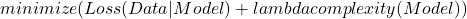 \[minimize(Loss(Data|Model) + lambda complexity(Model))\]